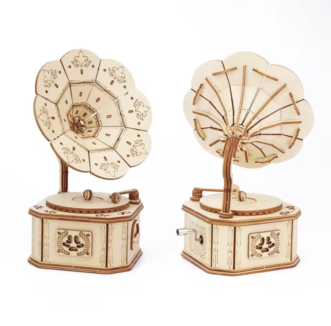 3D grojančio gramafono dėlionė iš medžio – ekologiškas medinis žaislas iš ekozaislai.lt