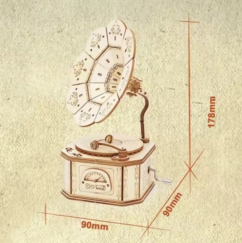 3D grojančio gramafono dėlionė iš medžio – ekologiškas medinis žaislas iš ekozaislai.lt