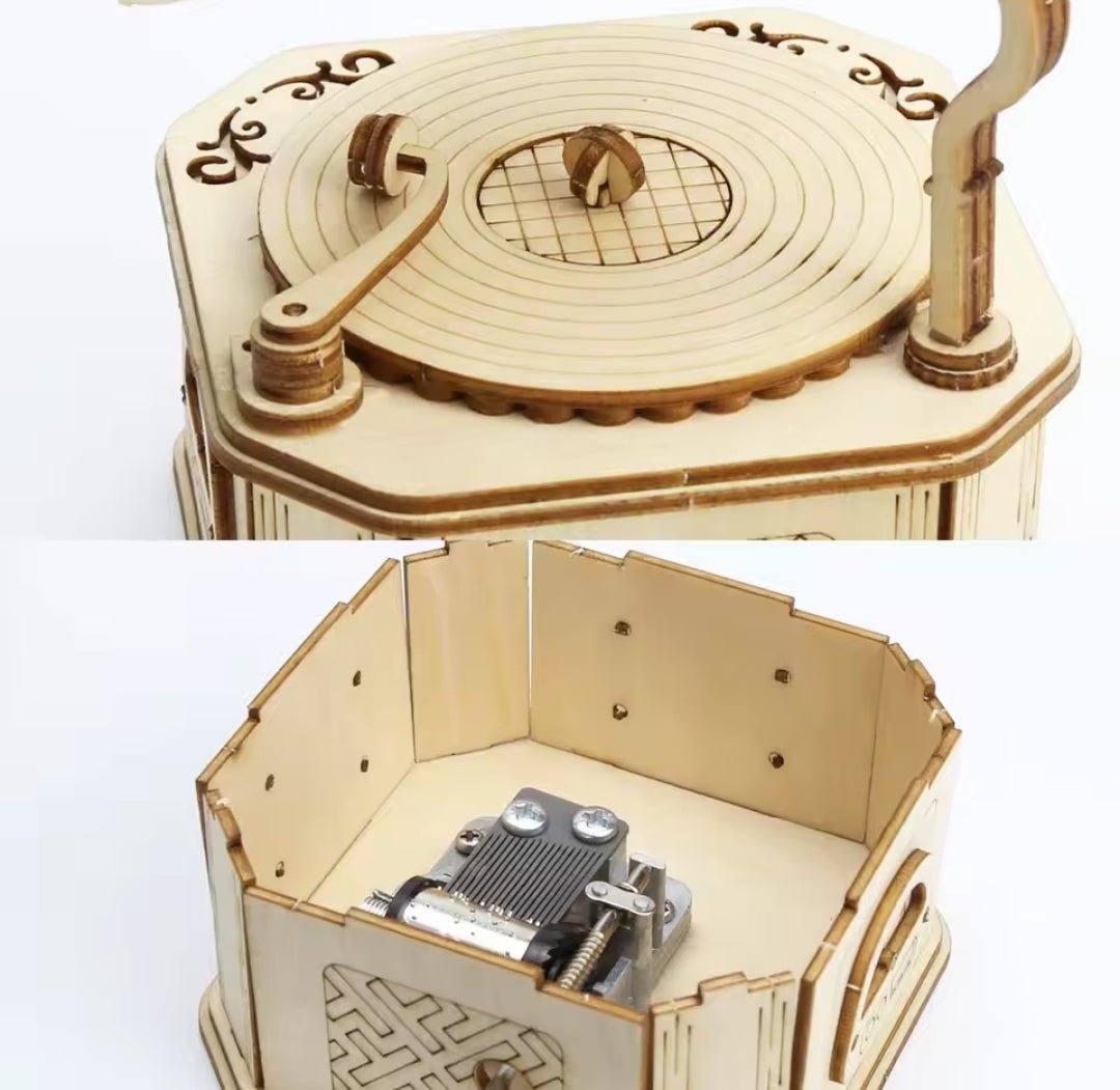 3D grojančio gramafono dėlionė iš medžio – ekologiškas medinis žaislas iš ekozaislai.lt