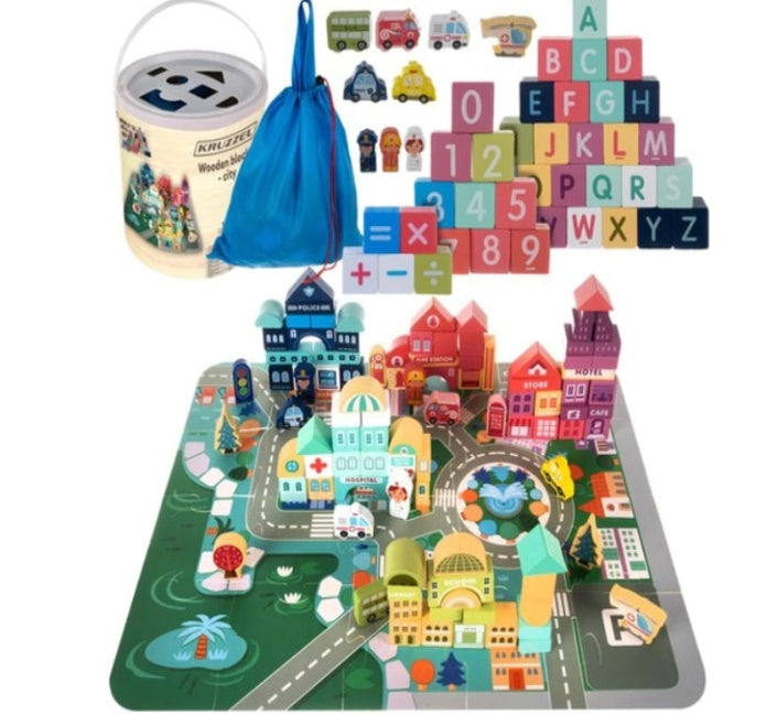 Medinių kaladėlių rinkinys – Miestas | Medinis lavinamasis žaislas