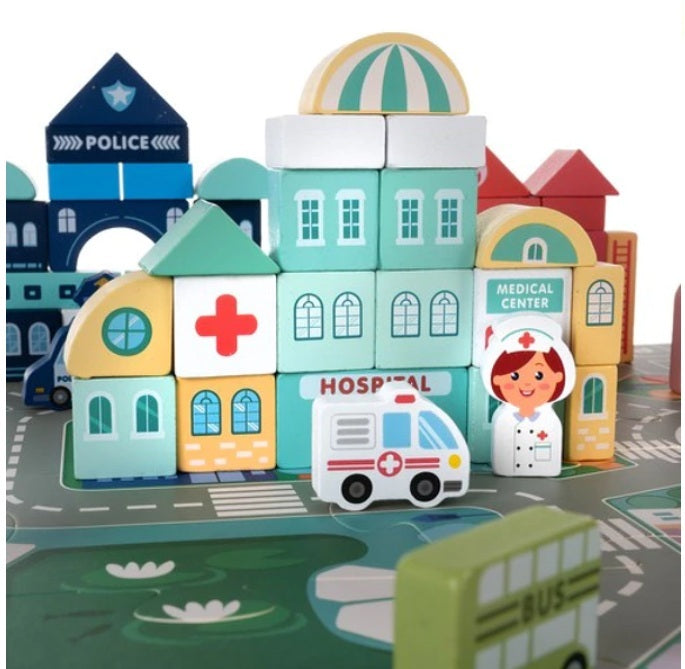 Medinių kaladėlių rinkinys – Miestas | Medinis lavinamasis žaislas